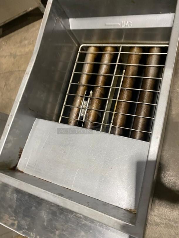 Connerton 2022 commercial stainless steel deep fat fryer, Model CSGF4LP, with basket hangers and backsplash, liquid propane-powered.