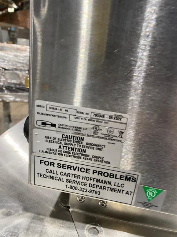 Carter Hoffmann M223S-2T stainless steel warming unit, SN: 793948-082022, 120V, 1 Phase, with caution and service labels.