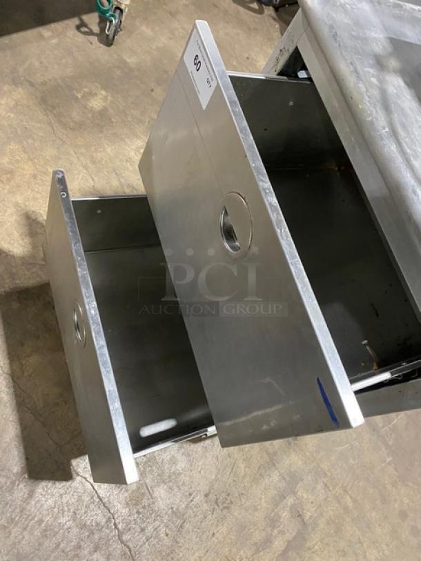Commercial stainless steel 2-drawer dry storage on legs, durable design, metal finish, labeled drawer, ideal for kitchen use.
