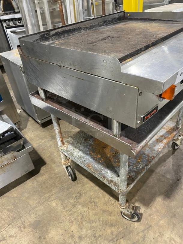 Sierra 2017 stainless steel countertop flat griddle, natural gas, thermostatic controls, with undershelf cart on casters.