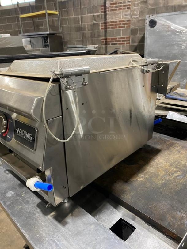 Waring Commercial stainless steel electric pasta cooker, model WPC100, SN 4921, 208/240V, countertop design on legs.