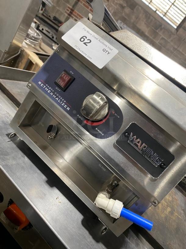 Waring Commercial Stainless Steel Electric Countertop Pasta Cooker, Model WPC100, 208/240V, on legs, showing control panel and branding.