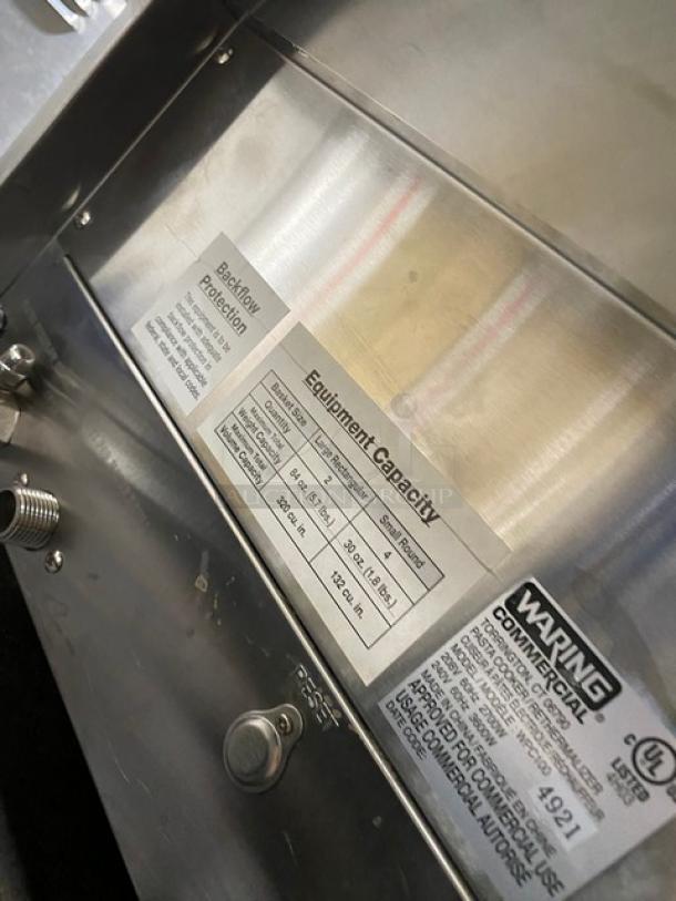 Waring Commercial Stainless Steel Pasta Cooker, Model WPC100, SN 4921, 208/240V, with equipment and capacity labels, condition appears excellent.
