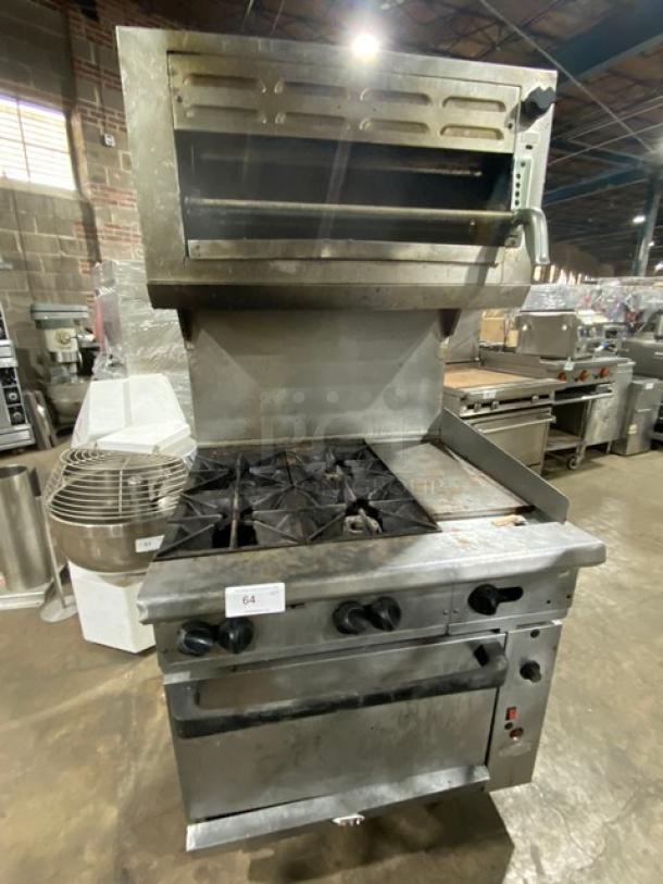 Commercial stainless steel 4-burner split top griddle range/oven combo with back splash and overhead salamander. Natural gas powered.