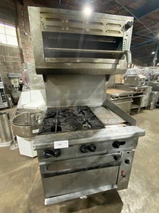 Commercial stainless steel 4-burner split top griddle range/oven combo with back splash and overhead salamander. Natural gas powered.