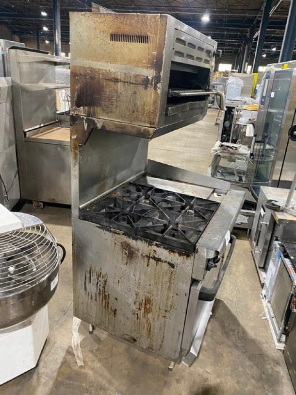 Commercial stainless steel 4-burner gas range/oven combo with split top, back splash, and overhead salamander. Used condition.
