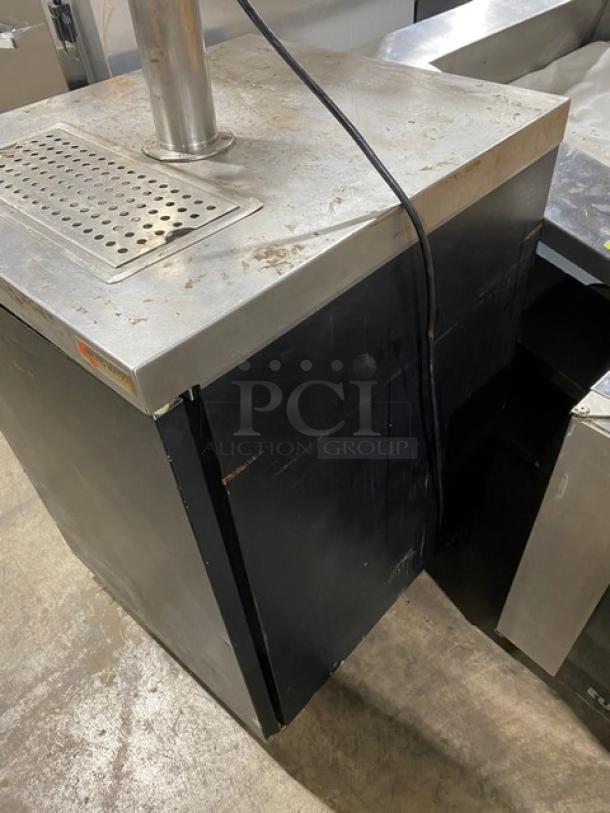 Micromatic MDD23 kegerator, black single-door, stainless steel worktop, single tower triple tap dispenser, used condition.