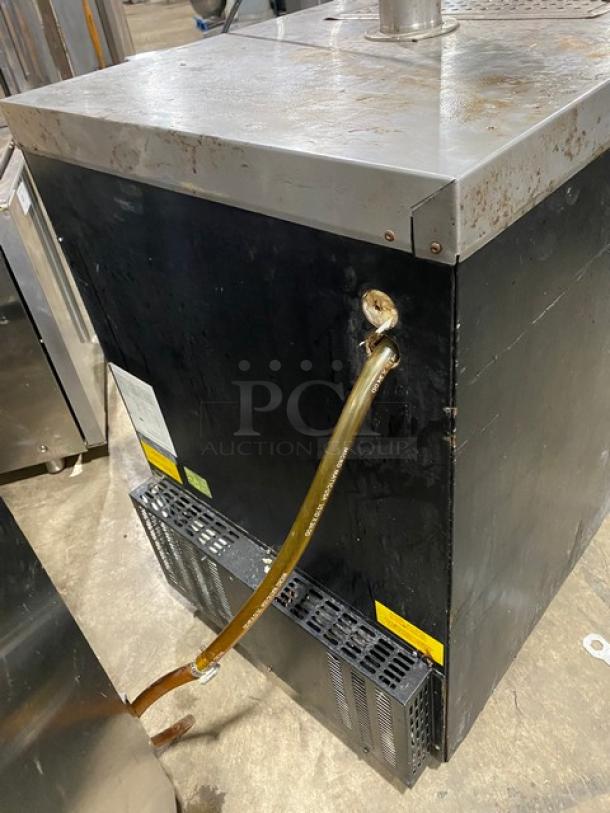 Micromatic MDD23 black single door kegerator with stainless steel worktop, single tower, triple tap dispenser, model SN: 14063872M.