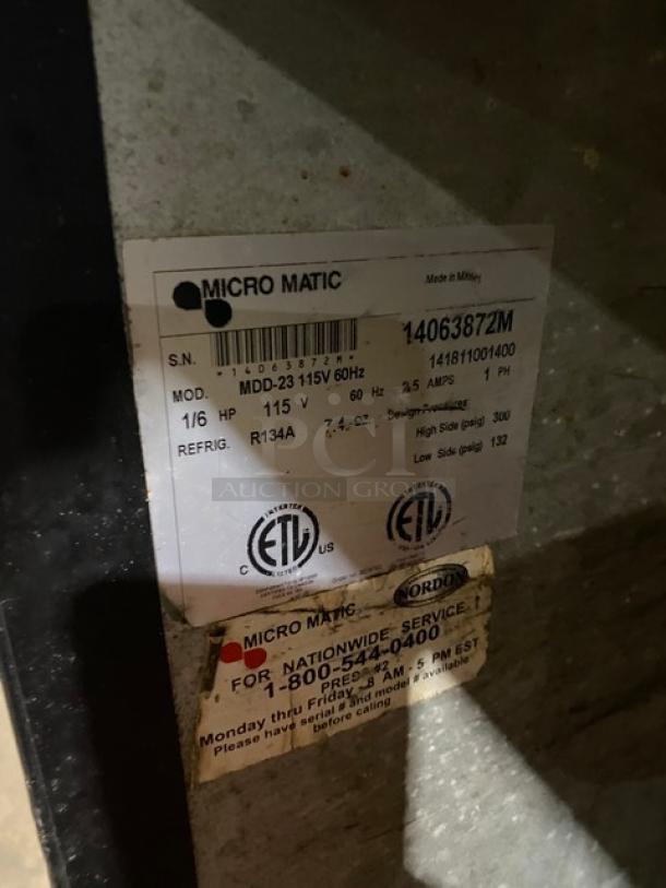 Micromatic MDD-23 kegerator label, serial 14063872M, 115V, single phase, ETL certified, service info displayed.