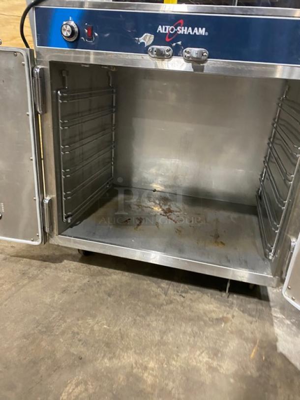 Alto-Shaam Halo Heat 750-CTUS hot food holding cabinet, stainless steel, electric, two doors, lightly used, on casters.