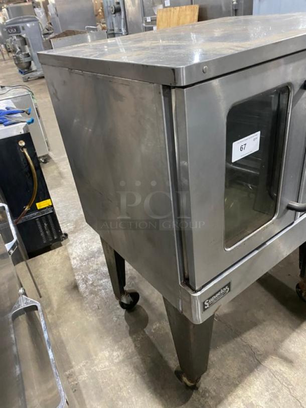 Southbend stainless steel natural gas convection oven, model SLGS12SC, on sturdy legs. Includes wired rack, 115V 1 phase.
