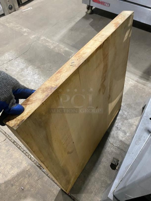 Commercial wooden chopping block style square tabletop, featuring natural wood grain, gently used condition.