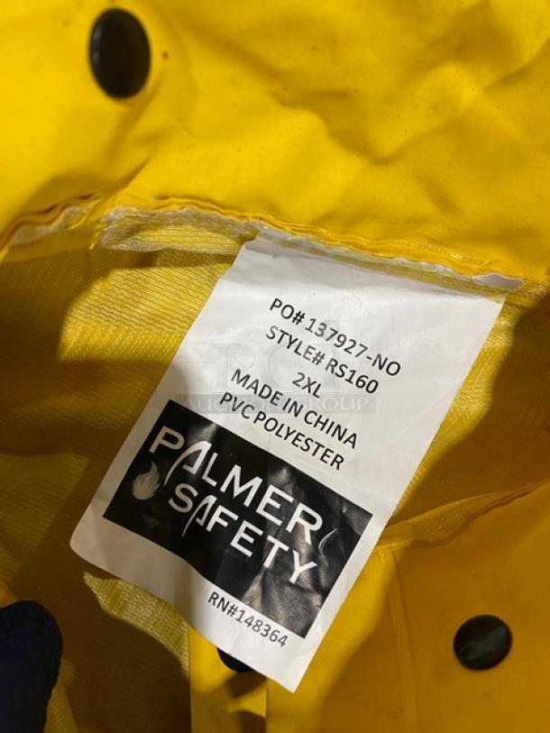Palmer Safety RS160 yellow PVC raincoat, size 2X, tag shows model, style, and made in China.
