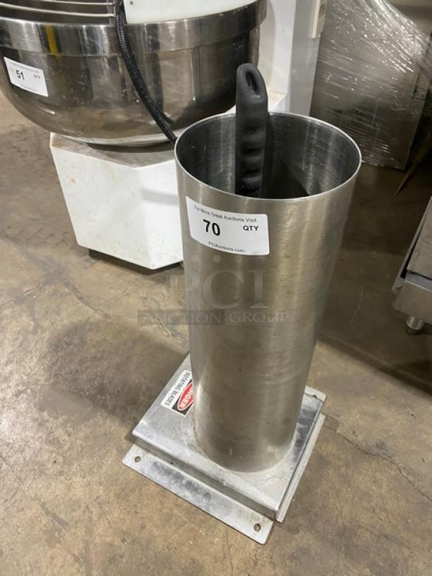 Commercial stainless steel manual mincer/chopper/stuffer with black grip handle, in good condition, labeled as lot 70.