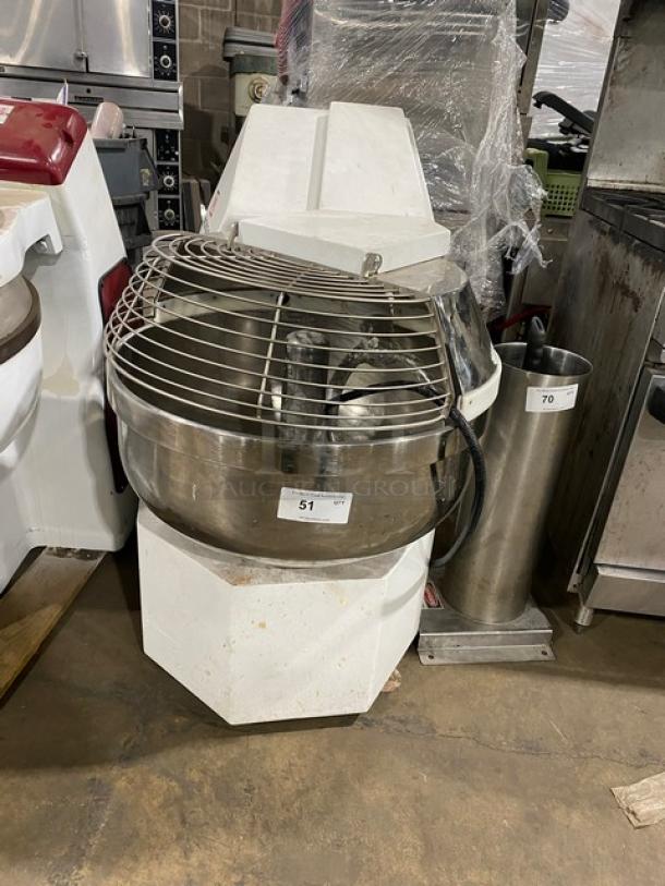 Mecnosud FC60DUS commercial dough-kneading mixer, 2017 model. Features stainless steel bowl guard, spiral fork, 208-220V, 3-phase.