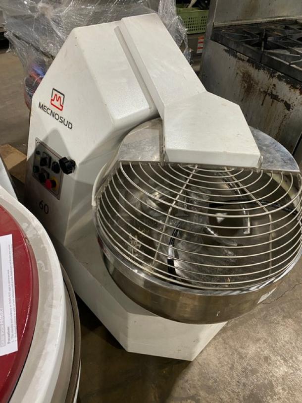 Mecnosud FC60DUS heavy-duty dough-kneading mixer, 2017 model, with stainless steel bowl guard and spiral fork attachment.