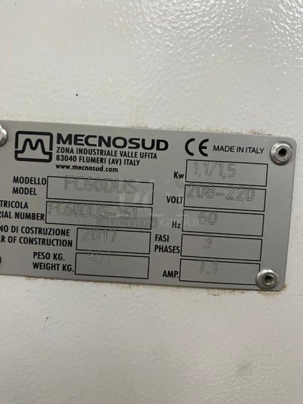 Mecnosud 2017 commercial electric dough-kneading mixer, model FC60DUS, SN: FC60DUS-161, 208-220V, 3-phase, with label.