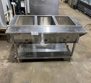 Diamond GST48-30 stainless steel 3-well steamtable, natural gas, individual controls, single undershelf, tray slide, good condition.