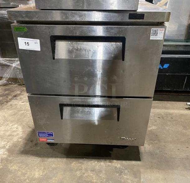 Turbo Air Super Deluxe 2 Drawer Refrigerated Worktop Cooler, stainless steel, model TWR-28SD-D2-N, on casters, with backsplash.