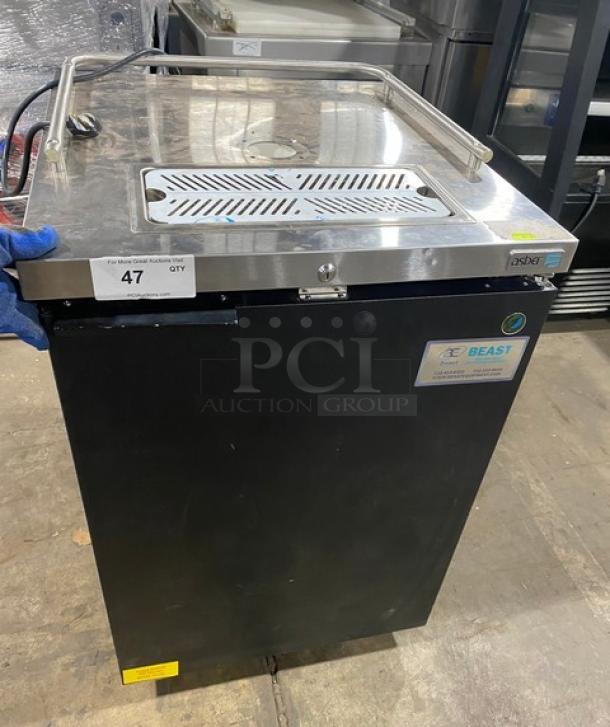Asber 2023 ADDC23HC commercial beer cooler with black single door, stainless steel worktop, drip tray, and single tower tap dispenser.