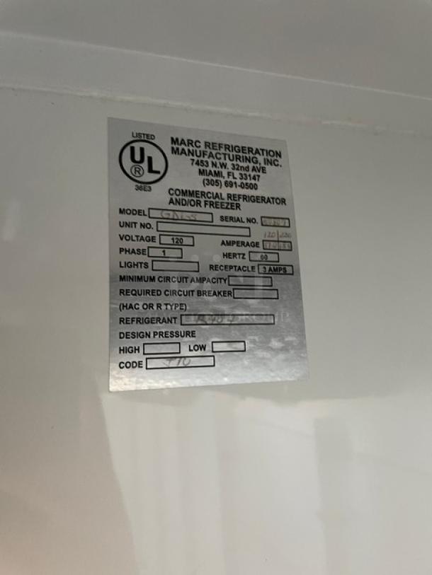 Marc Refrigeration GDL-5 commercial stainless steel freezer label, showing model and serial number details.