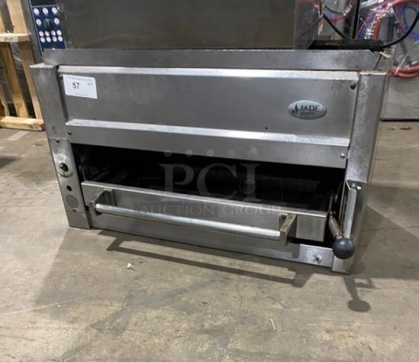 Jade Range commercial stainless steel natural gas-powered overhead salamander broiler/cheese melter, slight surface wear.