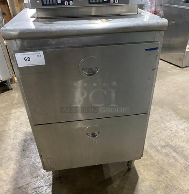 Commercial stainless steel 2-drawer dry storage unit on legs, good condition, industrial-grade with label "60 QTY".