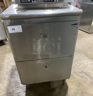 Commercial stainless steel 2-drawer dry storage unit on legs, good condition, industrial-grade with label "60 QTY".