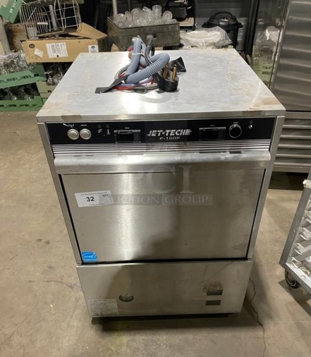 Jet-Tech F18DP stainless steel high-temp undercounter dishwasher, Energy Star certified, with peg rack, electric, 220V 1-phase.