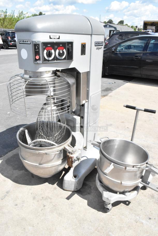 Hobart Legacy HL800 commercial dough mixer, 80-quart, 2 stainless bowls, bowl dolly, guard, 2 paddles, 2 whisks, 3-phase.