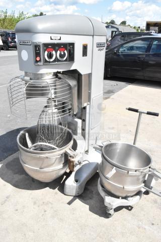 Hobart Legacy HL800 commercial dough mixer, 80-quart, 2 stainless bowls, bowl dolly, guard, 2 paddles, 2 whisks, 3-phase.
