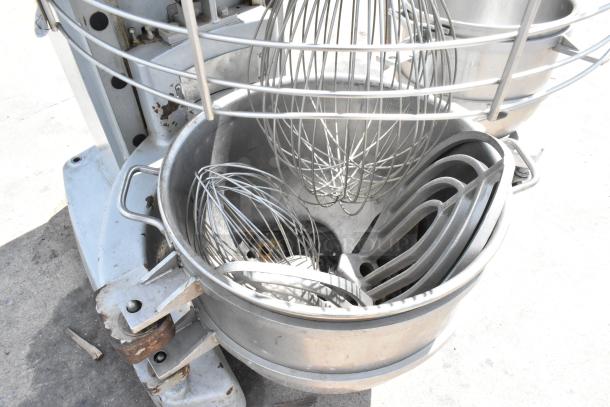 Hobart Legacy HL800 mixer with 80 qt bowl, dolly, bowl guard, 2 paddles, 2 whisk attachments. 3-phase, 200-240V.