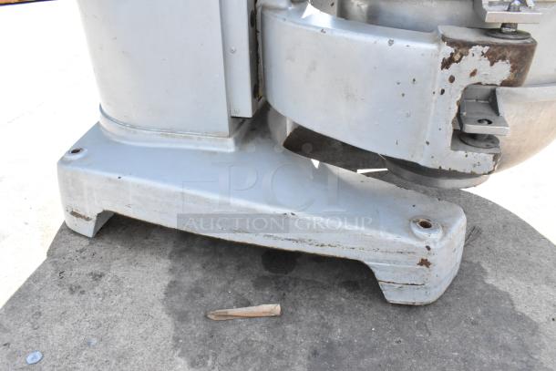 Hobart Legacy HL800 metal commercial 80-quart mixer base, showing wear. Ideal for bakery use, includes attachments.