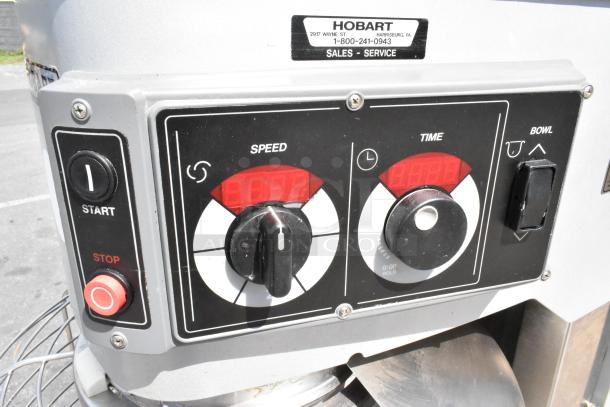Hobart Legacy HL800 control panel, showing speed, time, bowl controls; part of commercial 80 Qt. planetary dough mixer.