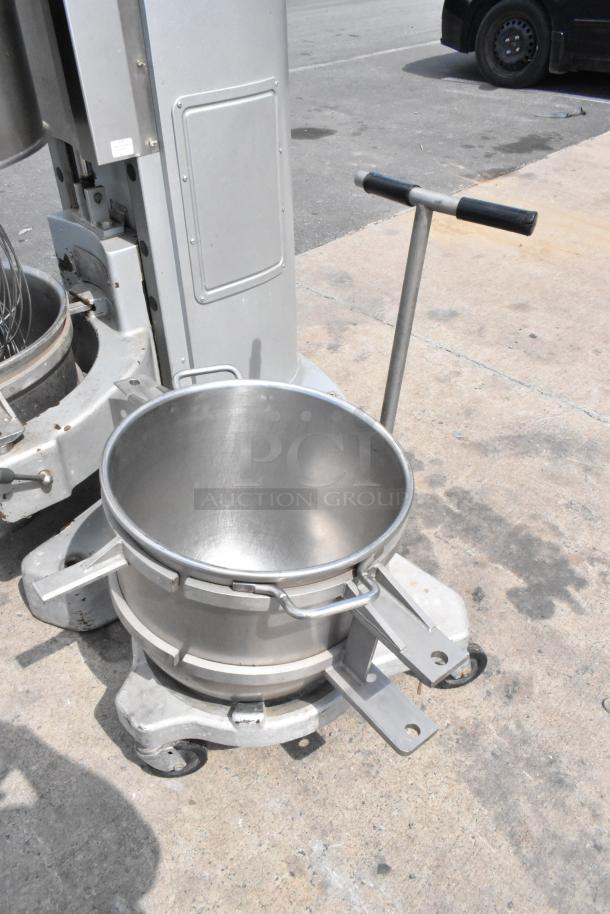 Hobart Legacy HL800 commercial 80 qt dough mixer with stainless steel bowl, dolly, and attachments. 200-240V, 3 phase.
