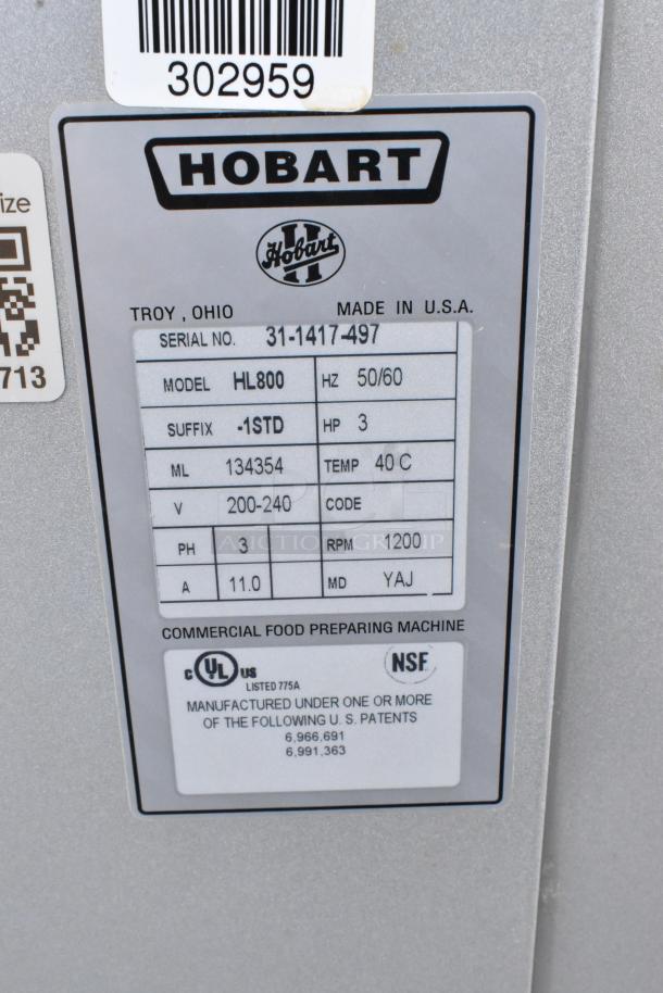 Hobart Legacy HL800 metal commercial mixer label showing model, 3 phase, 200-240V. Includes serial number and certifications.