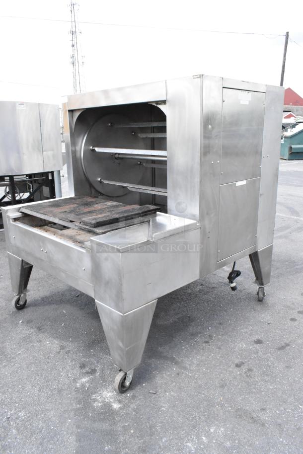 Wood Stone WS-SFR-6-SB stainless steel commercial rotisserie with charbroiler, 6 spits, on casters, used condition.