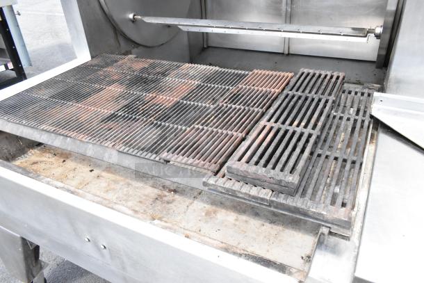 Wood Stone WS-SFR-6-SB stainless steel rotisserie with charbroiler grill, featuring 6 spits, on commercial casters.