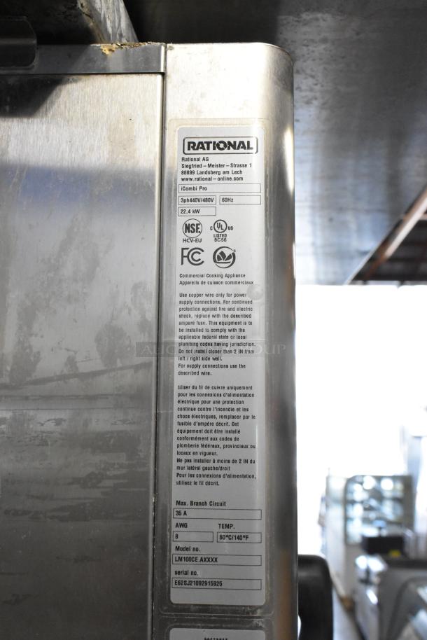 2021 Rational iCombiPro convection oven label showing model LM100CE.AXXXX, 440/480V, 3-phase, stainless steel.