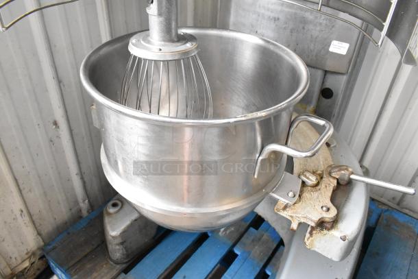 Hobart M802 80 Qt commercial dough mixer with stainless steel bowl, bowl guard, and whisk attachment. 200V, 3 phase.