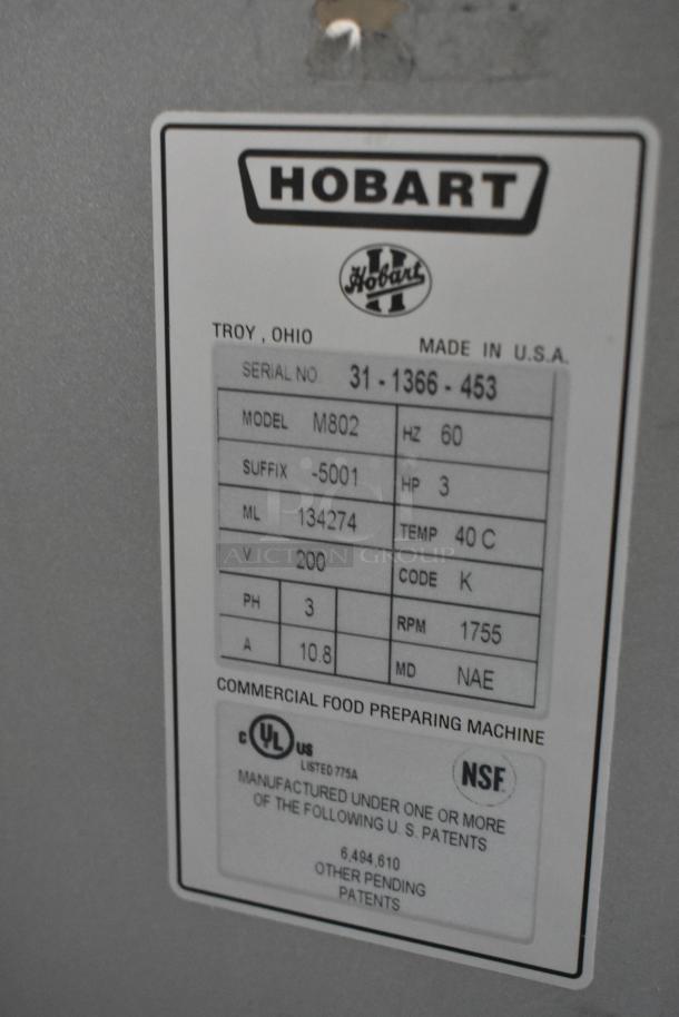 Hobart M802 commercial dough mixer label, showing model, volts, phase, and certification details.