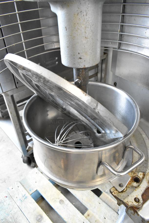 Hobart M802 80 qt dough mixer with stainless steel bowl, bowl guard, paddle, and whisk. 200V, 3 phase, commercial use.