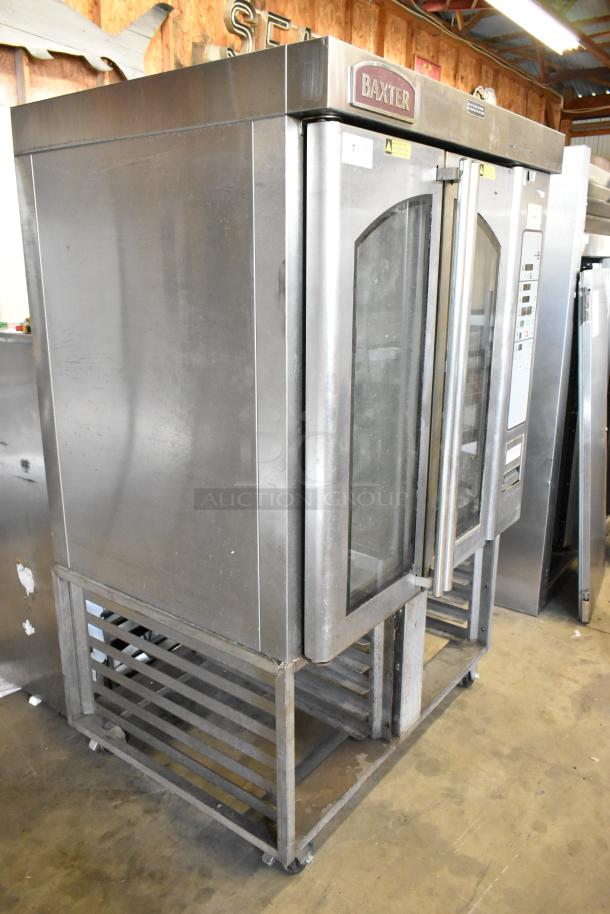 Baxter stainless steel commercial rotating rack oven, natural gas powered, dual pan rack, on commercial casters, good condition.