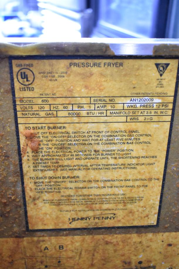 Henny Penny 600 Stainless Steel Pressure Fryer, natural gas powered, 80,000 BTU, on commercial casters, model 600.