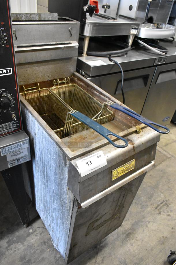 Qualite QL-9/NG stainless steel gas fryer with 2 baskets, commercial use, 90,000 BTU, used condition, visible labels.