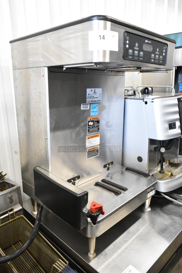 2020 Bunn ICB TWIN SH stainless steel double coffee machine with hot water dispenser, model details and warning labels visible.