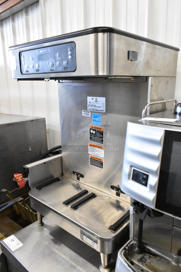 2020 Bunn ICB TWIN SH stainless steel double coffee machine with hot water dispenser, visible controls, and warning labels.