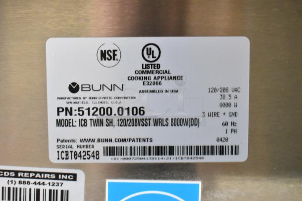 Label on 2020 Bunn ICB TWIN SH Commercial Coffee Machine, showing NSF and UL certifications, model and serial number.