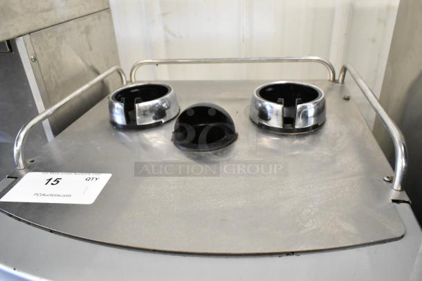 Schaerer metal commercial automatic espresso machine, missing hoppers, stainless steel, 120-208/240V, 1 phase, condition visible.
