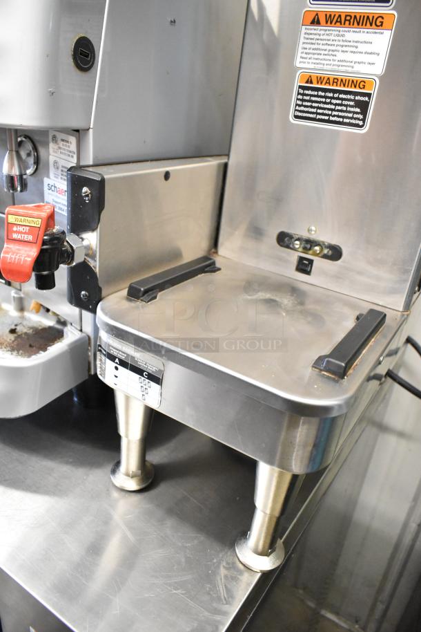 2020 Bunn ICB SH stainless steel coffee machine with hot water dispenser and poly brew basket. Features visible warning labels.